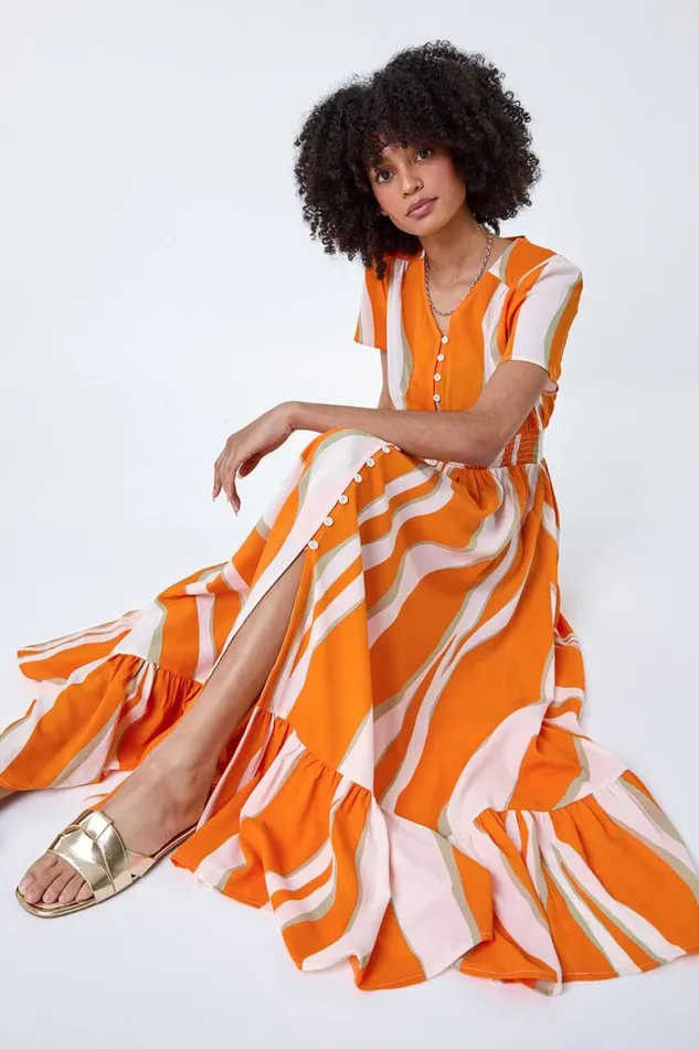 Women Orange Abstract Textured Frill Hem Maxi Dress Roman Dresses