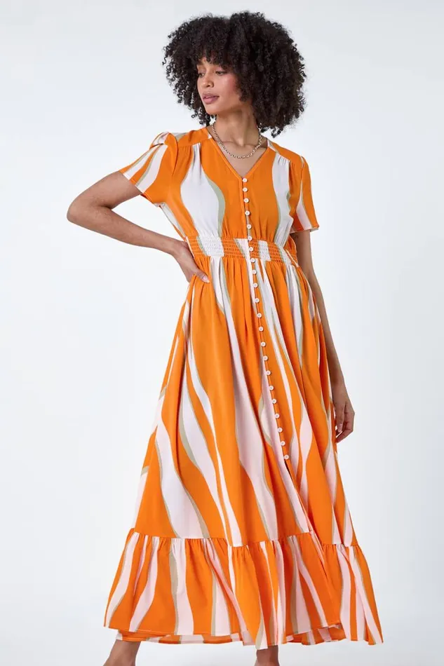 Women Orange Abstract Textured Frill Hem Maxi Dress Roman Dresses