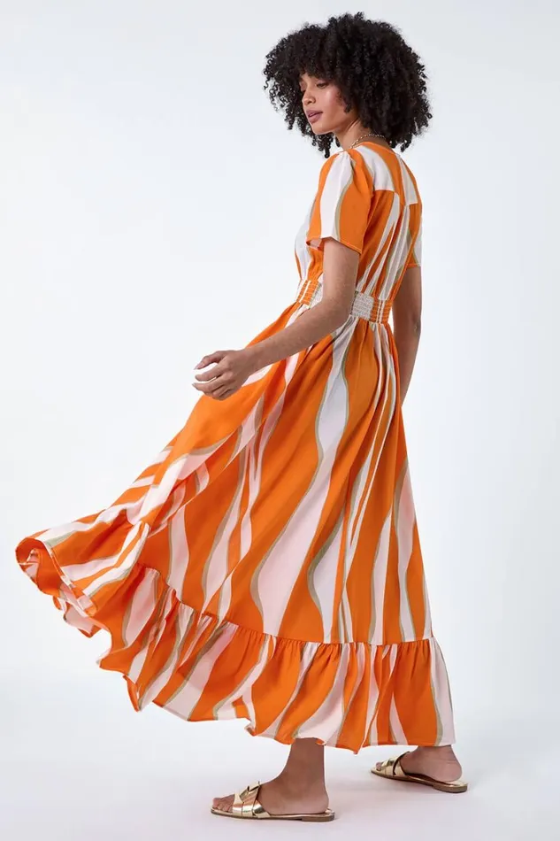 Women Orange Abstract Textured Frill Hem Maxi Dress Roman Dresses