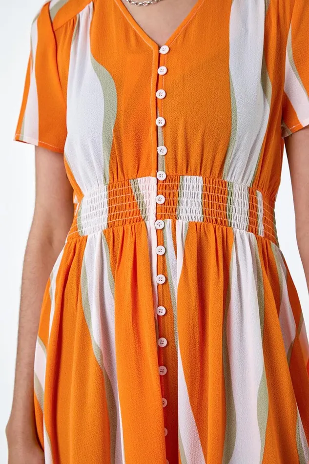 Women Orange Abstract Textured Frill Hem Maxi Dress Roman Dresses