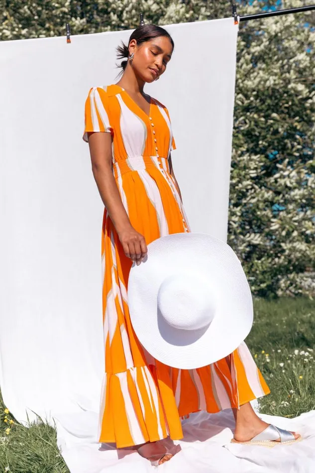 Women Orange Abstract Textured Frill Hem Maxi Dress Roman Dresses