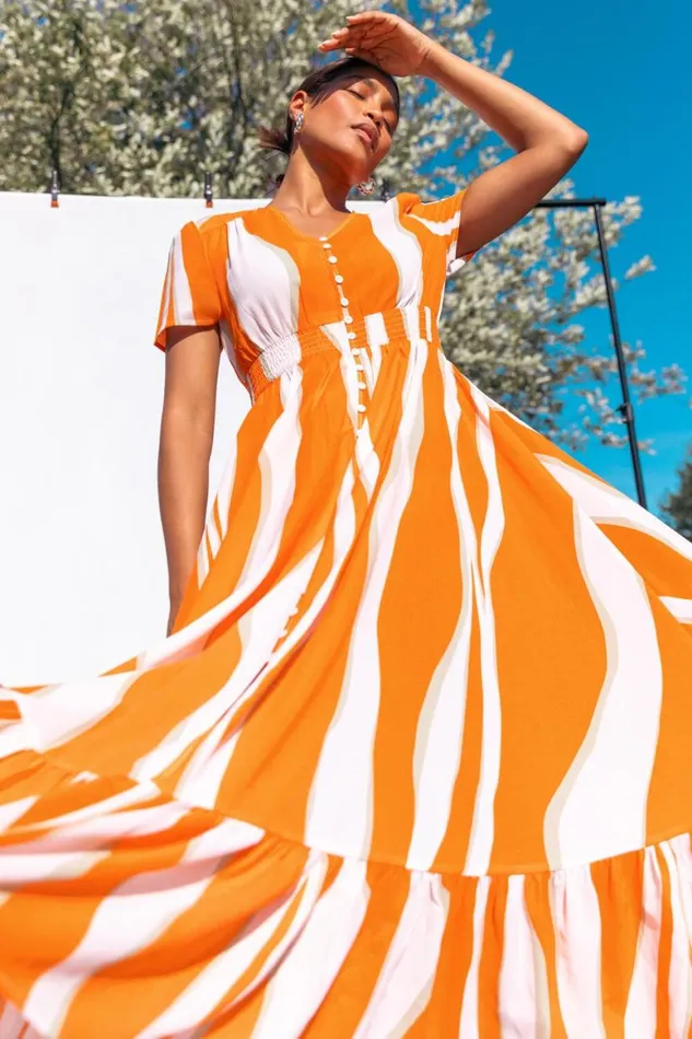 Women Orange Abstract Textured Frill Hem Maxi Dress Roman Dresses