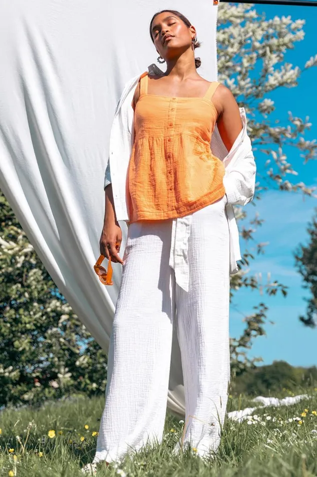 Women Orange Cotton Button Through Shirred Vest Top Roman Tops