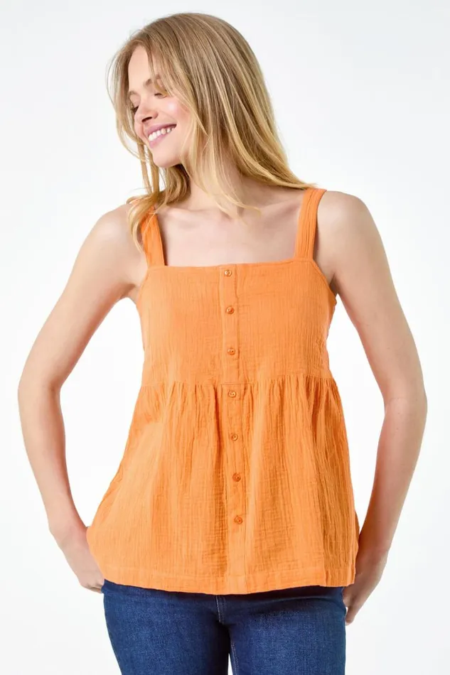 Women Orange Cotton Button Through Shirred Vest Top Roman Tops