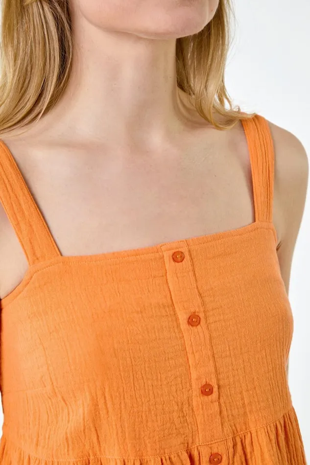 Women Orange Cotton Button Through Shirred Vest Top Roman Tops