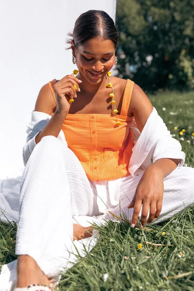 Women Orange Cotton Button Through Shirred Vest Top Roman Tops