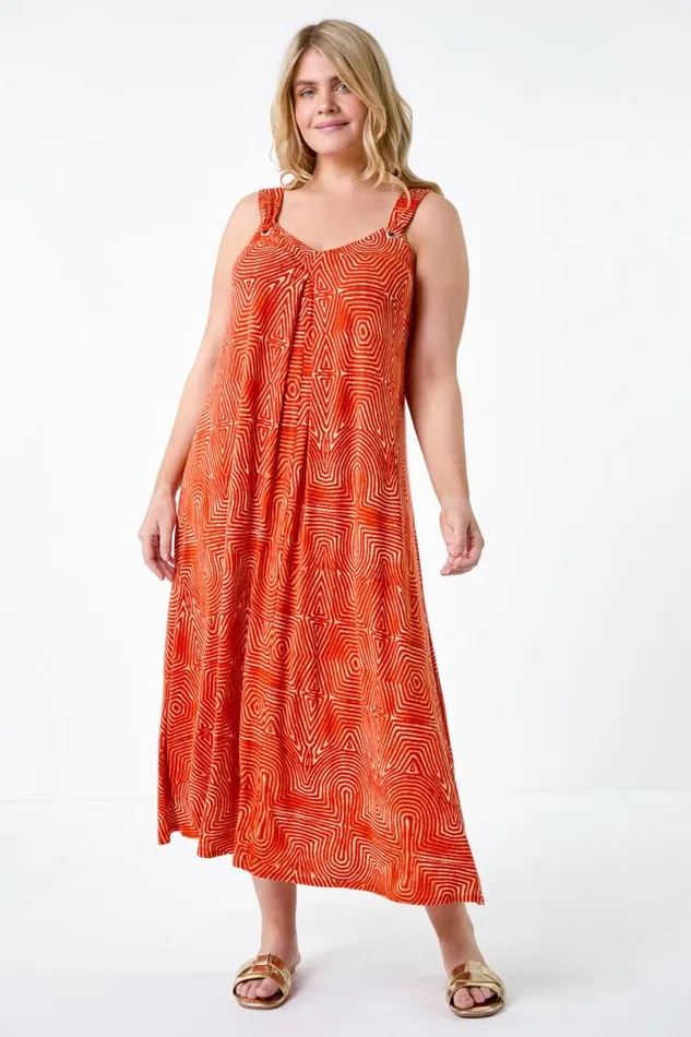 Women Orange Curve Abstract Ring Detail Midi Dress Roman Dresses