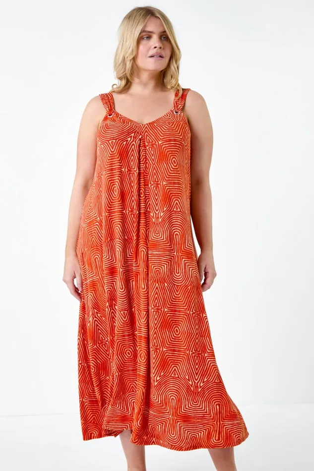 Women Orange Curve Abstract Ring Detail Midi Dress Roman Dresses