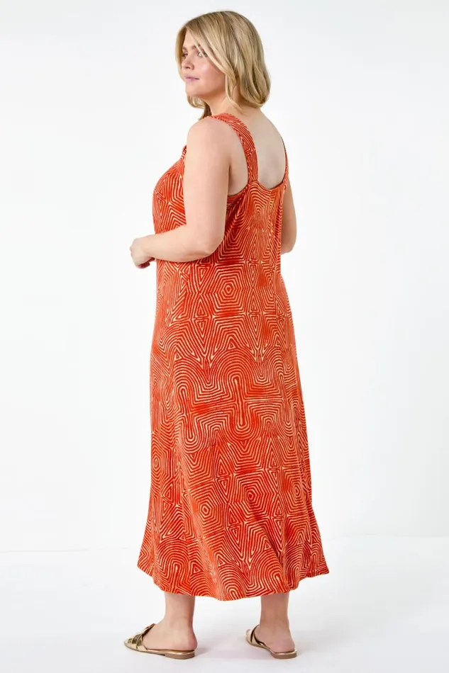 Women Orange Curve Abstract Ring Detail Midi Dress Roman Dresses