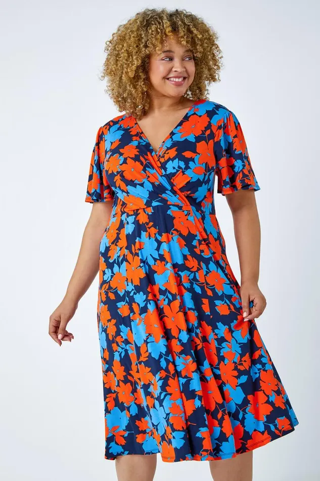 Women Orange Curve Floral Print Midi Wrap Dress Roman Dresses