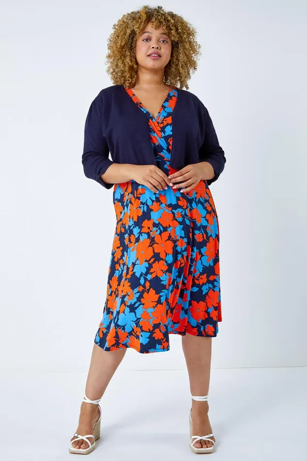 Women Orange Curve Floral Print Midi Wrap Dress Roman Dresses