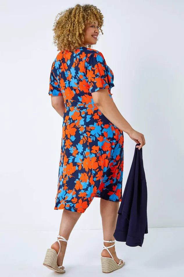 Women Orange Curve Floral Print Midi Wrap Dress Roman Dresses