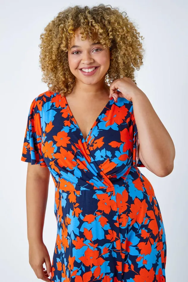 Women Orange Curve Floral Print Midi Wrap Dress Roman Dresses