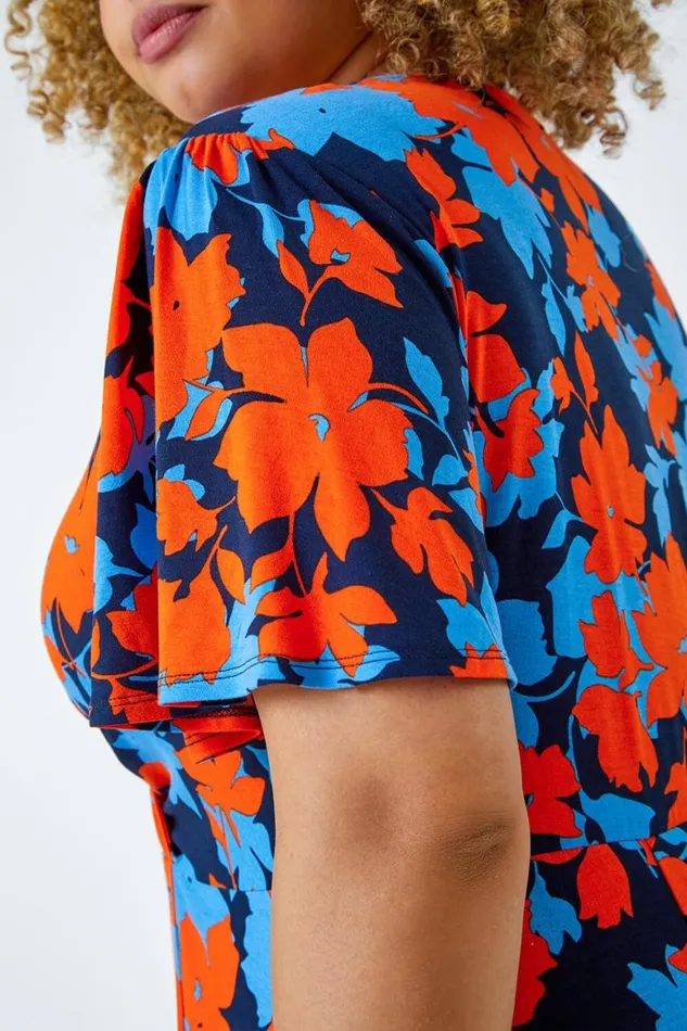 Women Orange Curve Floral Print Midi Wrap Dress Roman Dresses