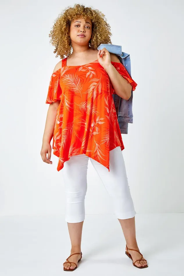 Women Orange Curve Leaf Print Cold Shoulder Top Roman Tops