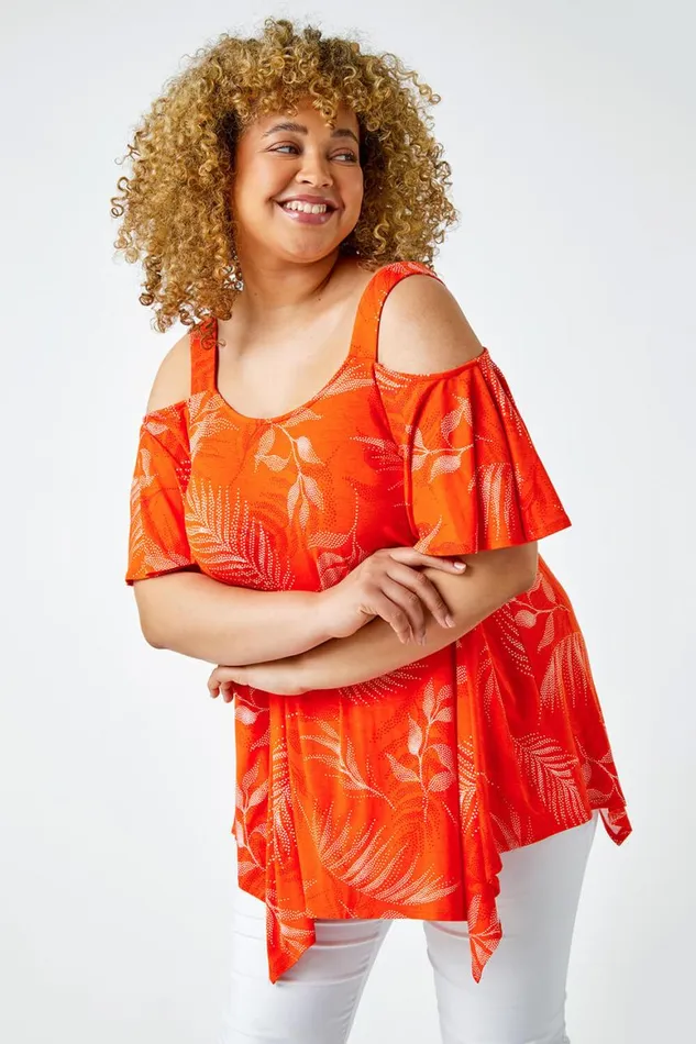Women Orange Curve Leaf Print Cold Shoulder Top Roman Tops