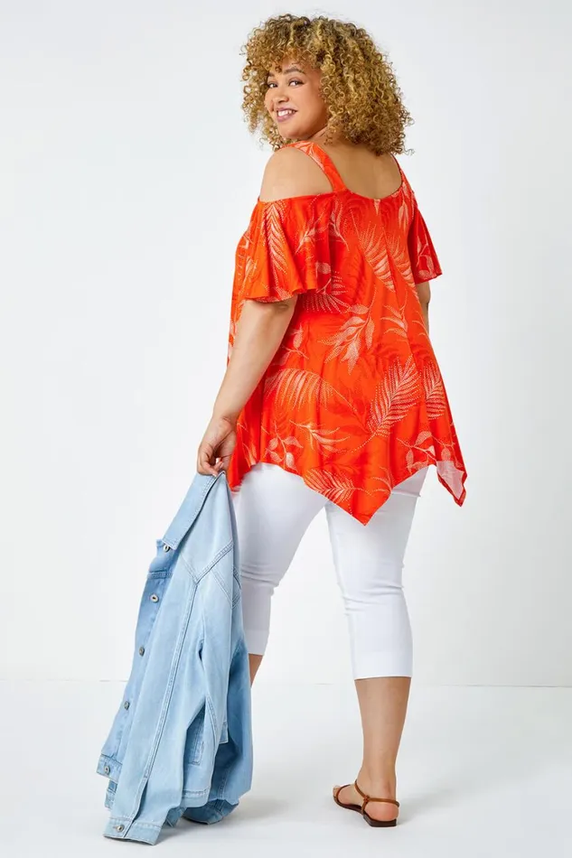 Women Orange Curve Leaf Print Cold Shoulder Top Roman Tops