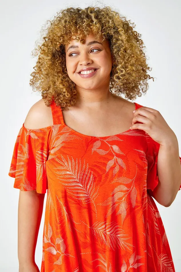 Women Orange Curve Leaf Print Cold Shoulder Top Roman Tops