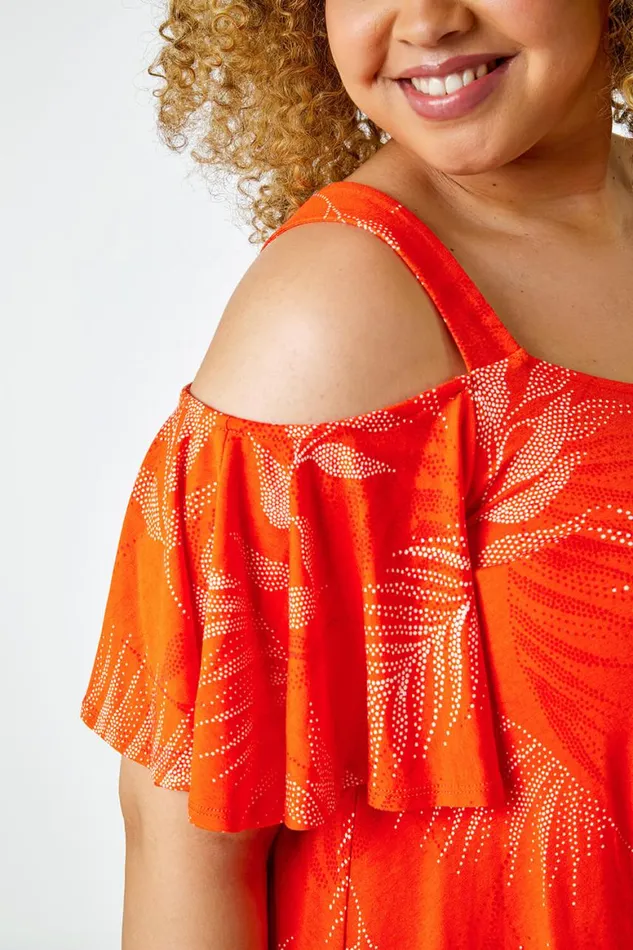 Women Orange Curve Leaf Print Cold Shoulder Top Roman Tops