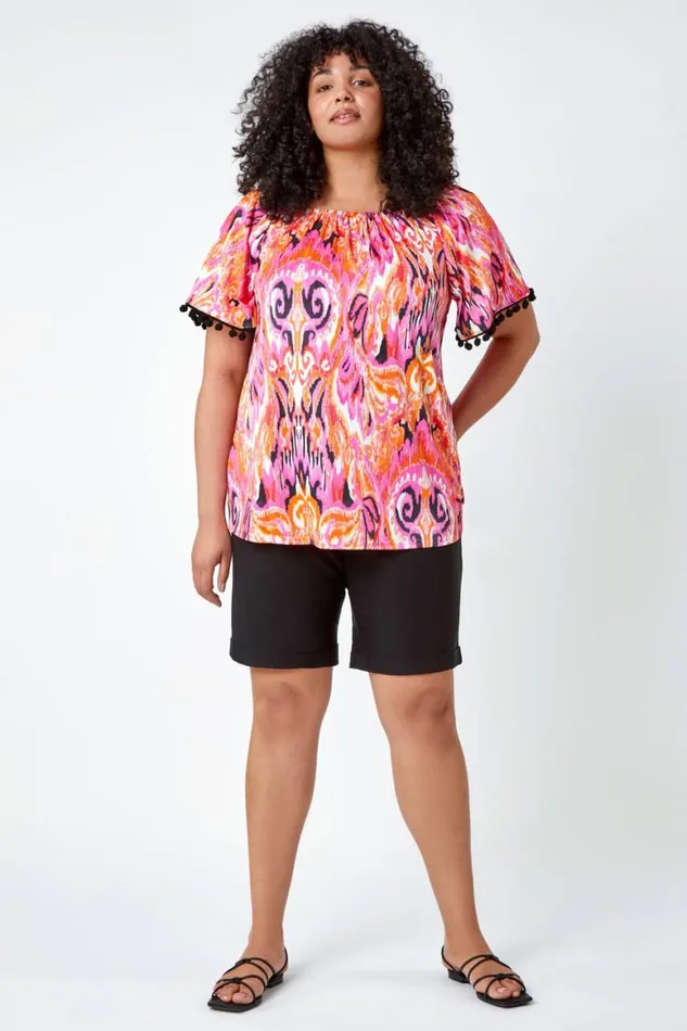 Women Orange Curve Paisley Print Bardot Top Roman Tops