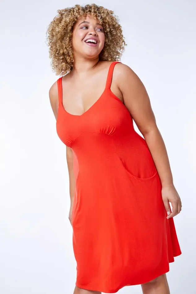 Women Orange Curve Strappy Pocket Sun Dress Roman Dresses