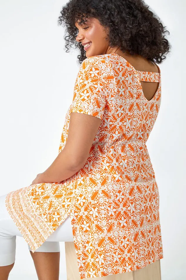 Women Orange Curve Tile Print Stretch Tunic Top Roman Tops
