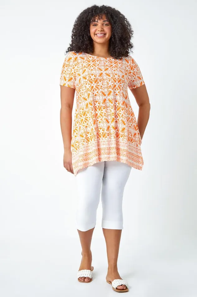 Women Orange Curve Tile Print Stretch Tunic Top Roman Tops