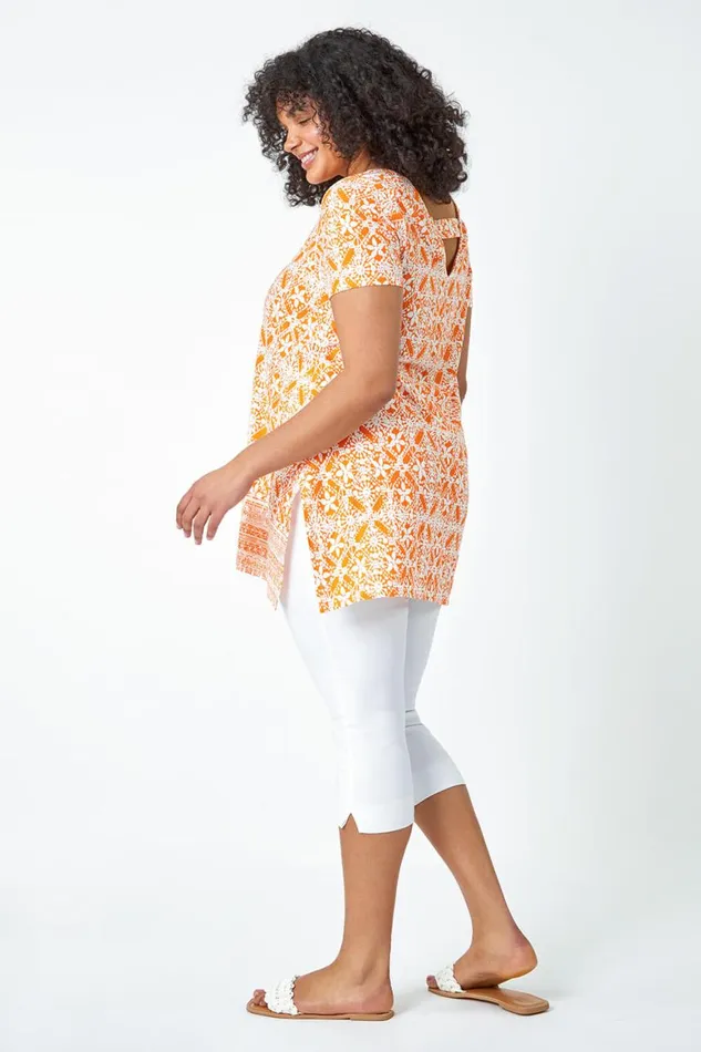 Women Orange Curve Tile Print Stretch Tunic Top Roman Tops