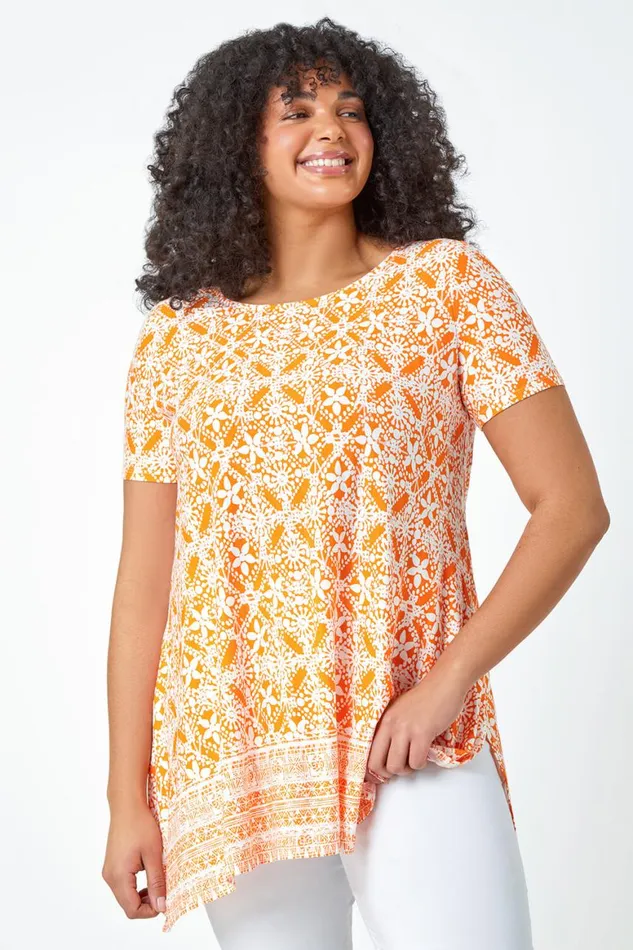 Women Orange Curve Tile Print Stretch Tunic Top Roman Tops