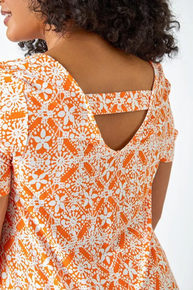 Women Orange Curve Tile Print Stretch Tunic Top Roman Tops