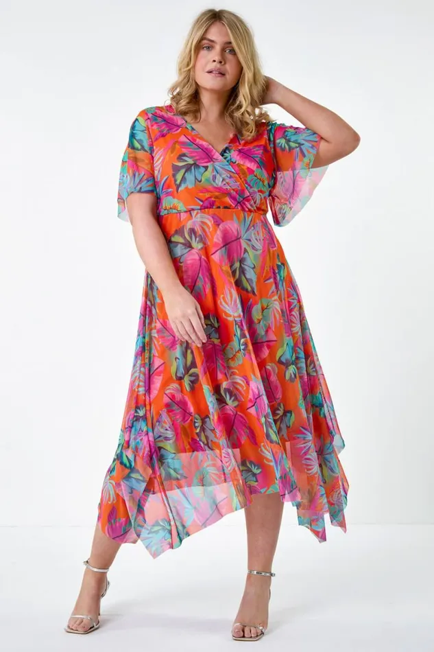 Women Orange Curve Tropical Stretch Mesh Wrap Dress Roman Dresses