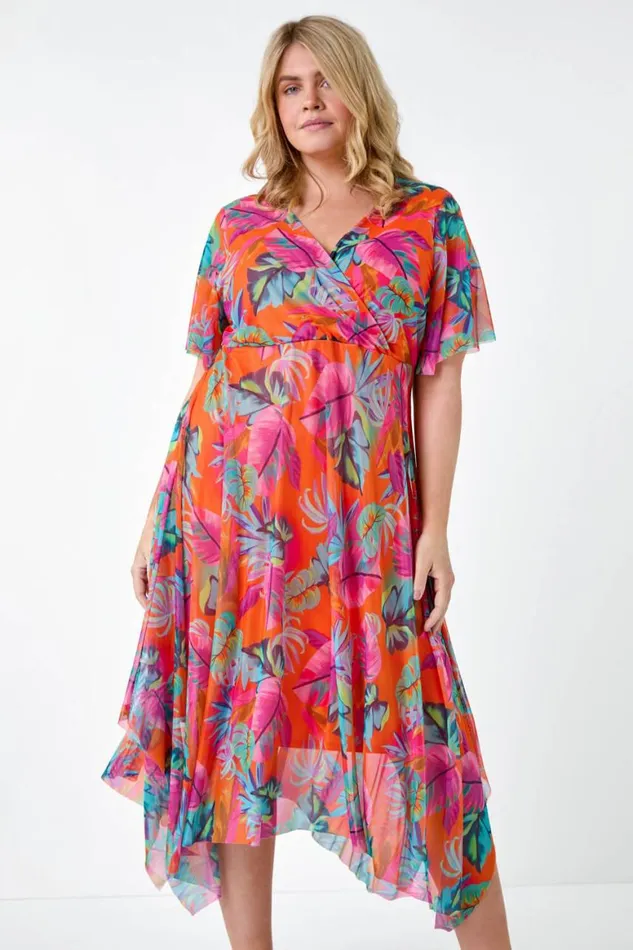 Women Orange Curve Tropical Stretch Mesh Wrap Dress Roman Dresses