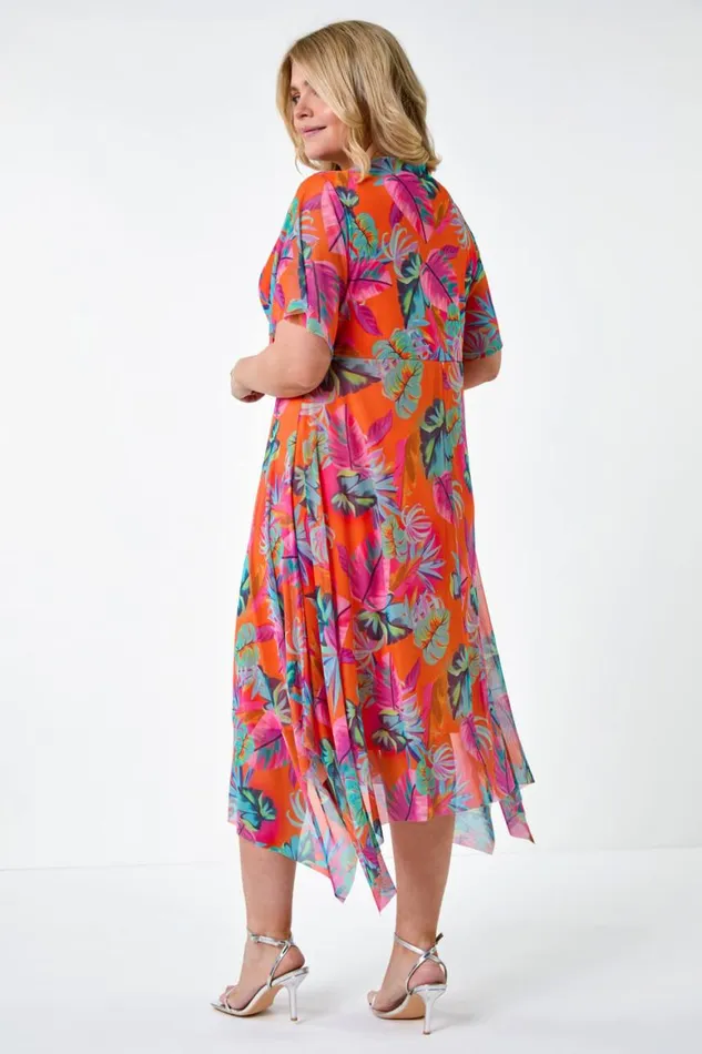 Women Orange Curve Tropical Stretch Mesh Wrap Dress Roman Dresses