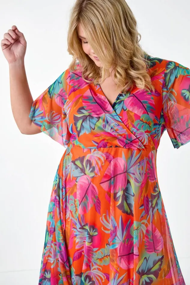 Women Orange Curve Tropical Stretch Mesh Wrap Dress Roman Dresses