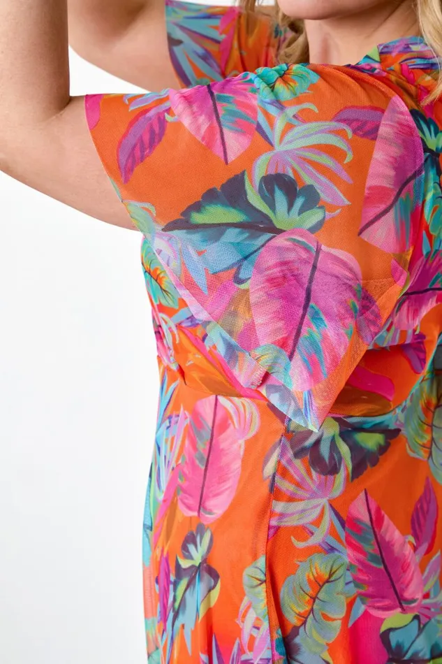 Women Orange Curve Tropical Stretch Mesh Wrap Dress Roman Dresses