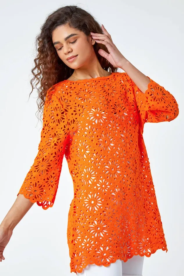 Women Orange Floral Cotton Crochet Top Roman Tops