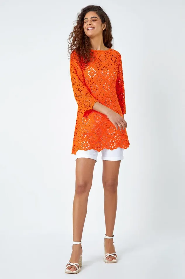 Women Orange Floral Cotton Crochet Top Roman Tops