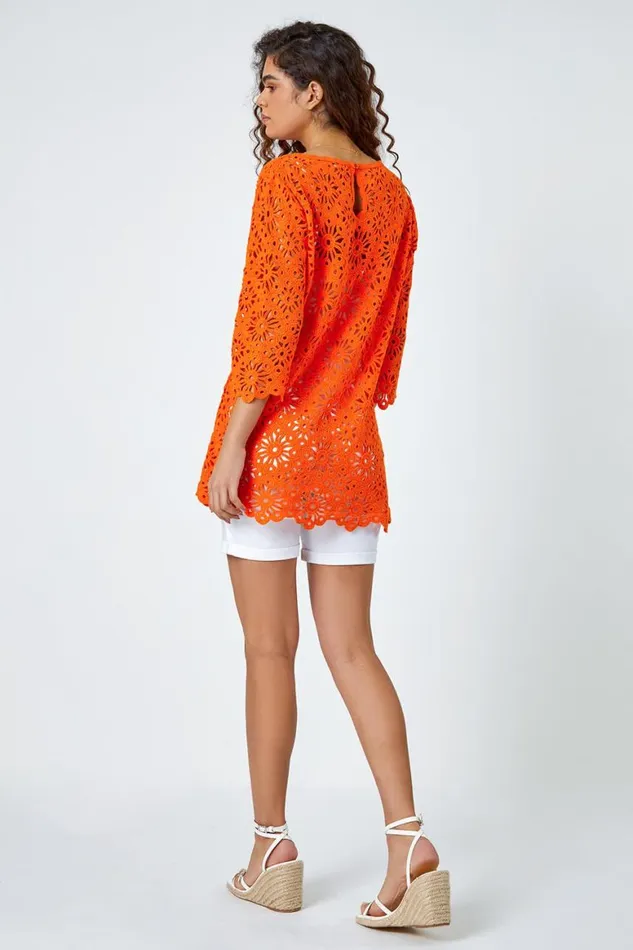 Women Orange Floral Cotton Crochet Top Roman Tops