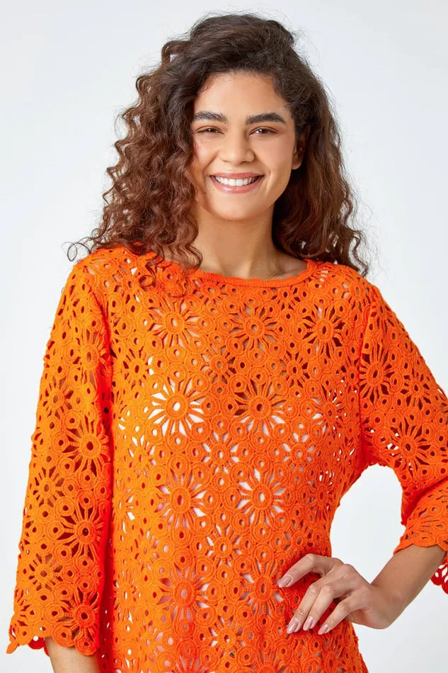 Women Orange Floral Cotton Crochet Top Roman Tops