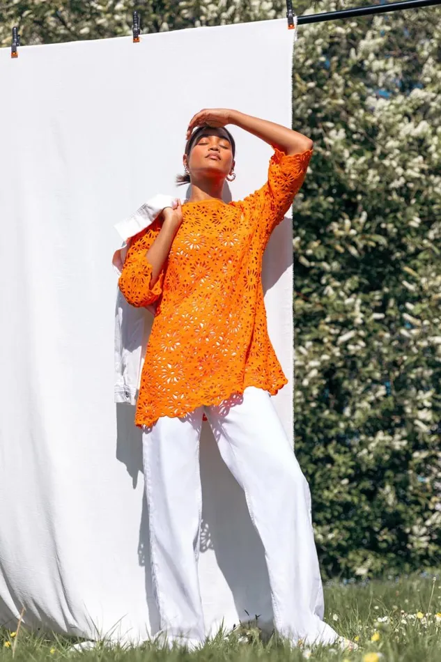 Women Orange Floral Cotton Crochet Top Roman Tops