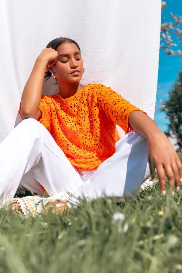 Women Orange Floral Cotton Crochet Top Roman Tops