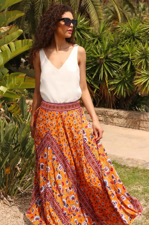 Women Orange Floral Print Boho Elastic Waist Maxi Skirt Roman Skirts