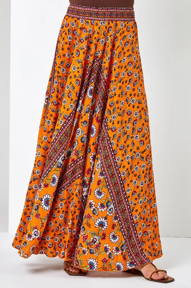 Women Orange Floral Print Boho Elastic Waist Maxi Skirt Roman Skirts