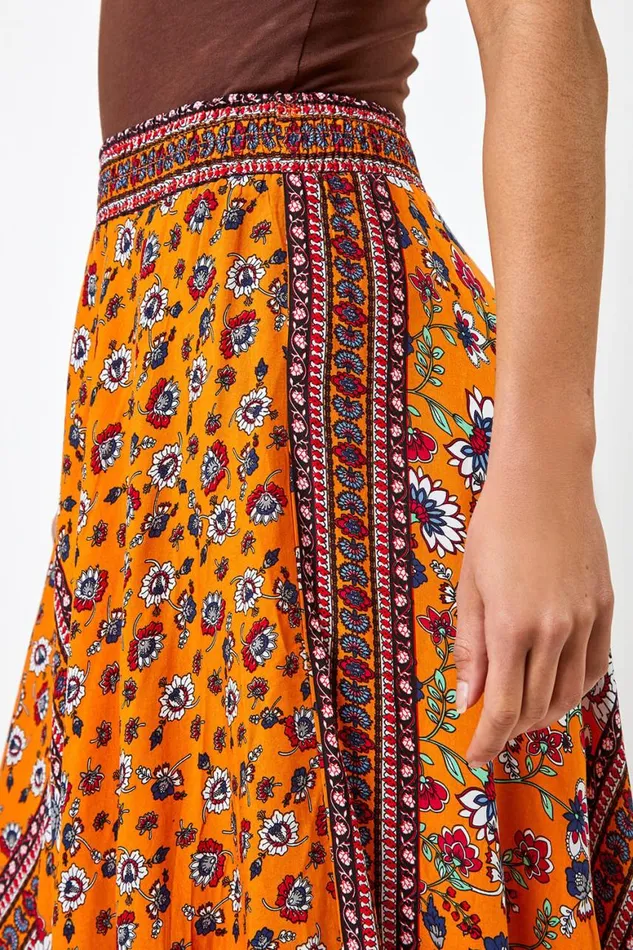 Women Orange Floral Print Boho Elastic Waist Maxi Skirt Roman Skirts