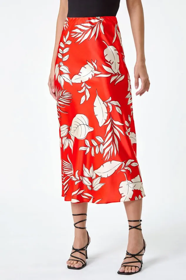 Women Orange Floral Print Satin Midi Skirt Roman Dresses