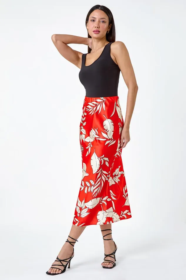 Women Orange Floral Print Satin Midi Skirt Roman Dresses