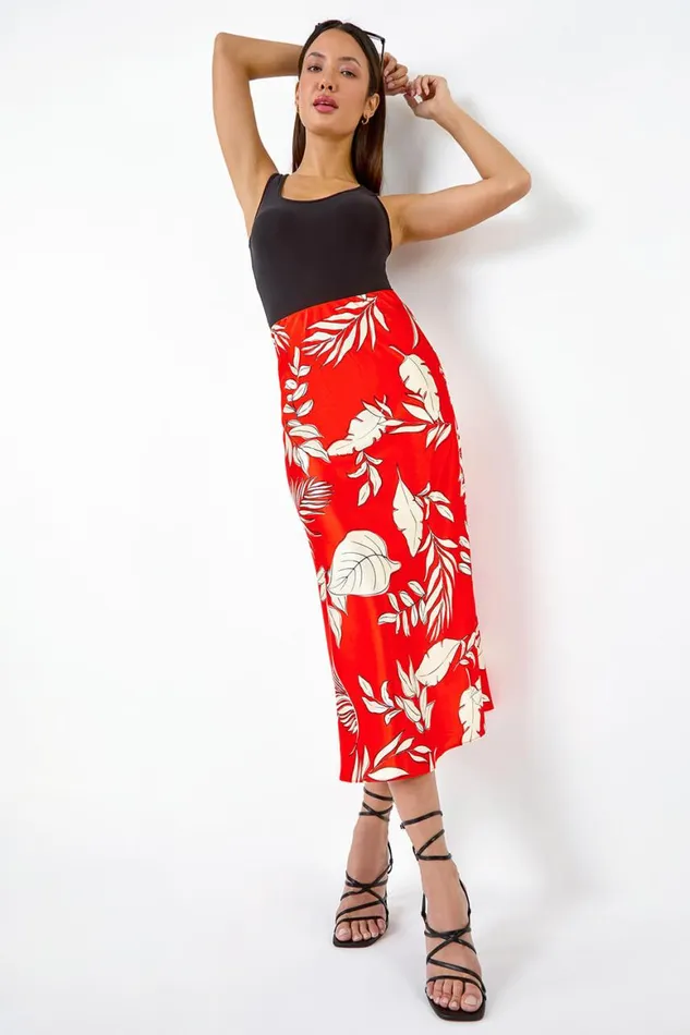 Women Orange Floral Print Satin Midi Skirt Roman Dresses