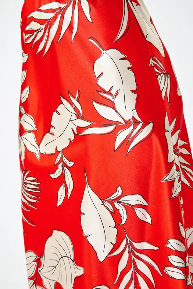 Women Orange Floral Print Satin Midi Skirt Roman Dresses