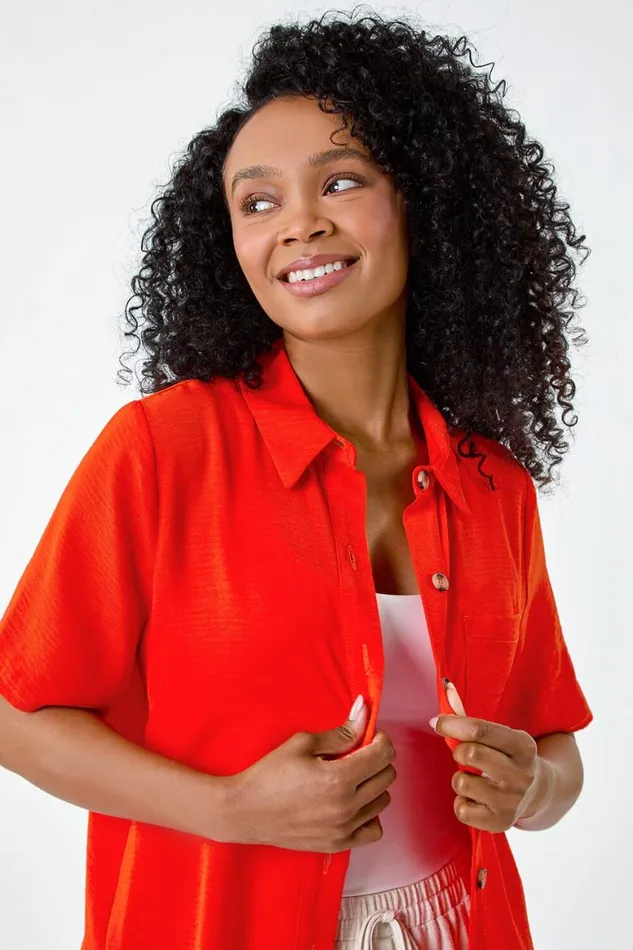 Women Orange Petite Button Up Pocket Shirt Roman Tops