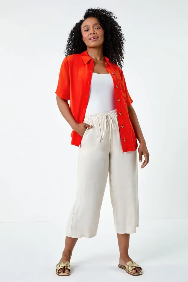 Women Orange Petite Button Up Pocket Shirt Roman Tops